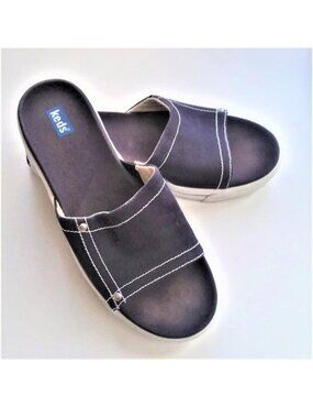 KEDS Slides Sandals Open Toe NAVY BLUE Canvas Wedges Shoes SZ 10 Comfy Stylish